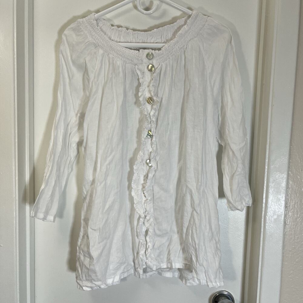 Match Point Tunic Blouse Womens S Blue 100% Linen Smocked Ruffle USA Boho